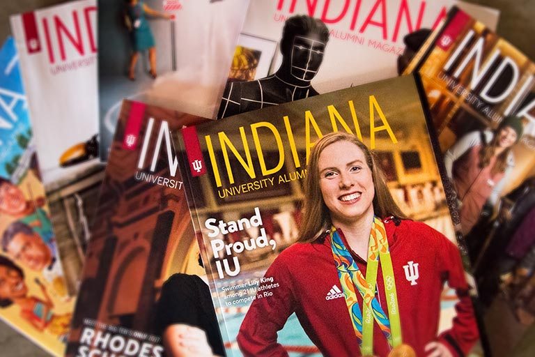 A pile of Indiana University Alumni Magazines