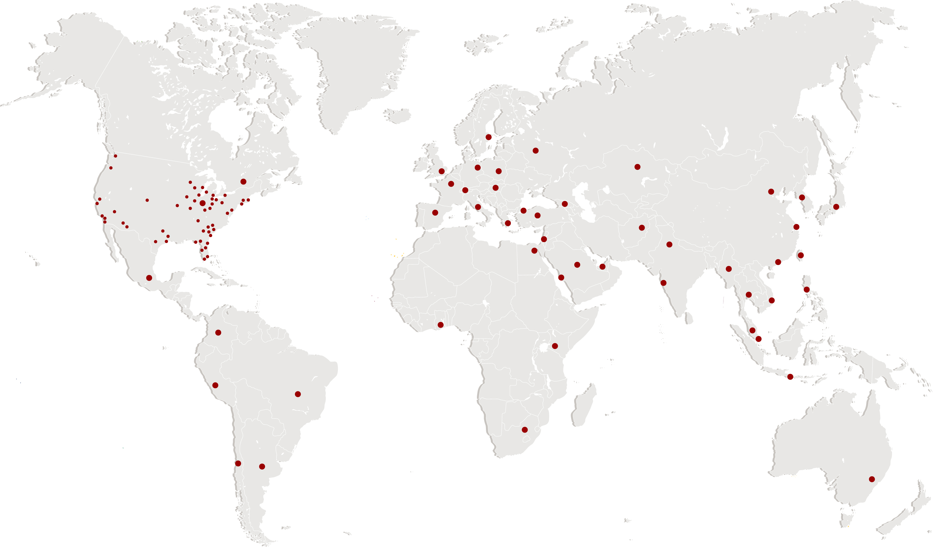 A gray and white map of the world with red dots on it